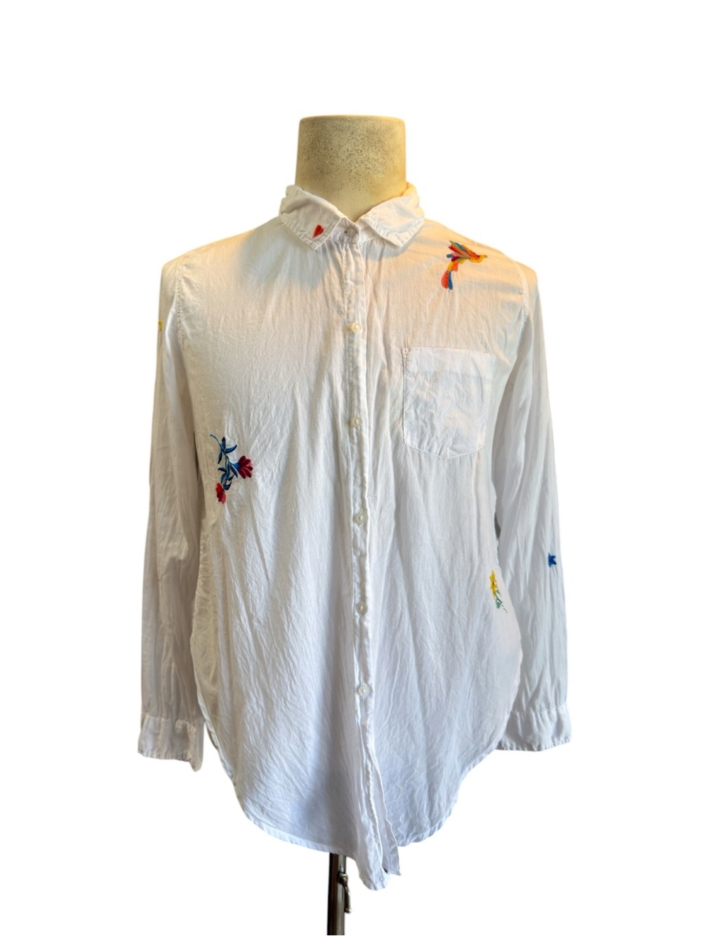 Sundry White Button-Down Shirt with Colorful Floral Embroidery